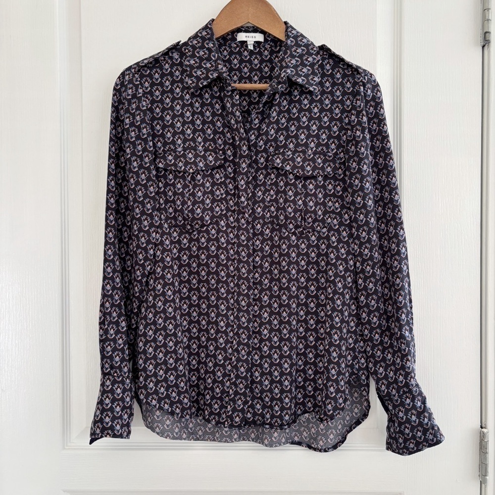 REISS Lola Aztec Pattern Button Front Shirt Sz 2 Tailored Office